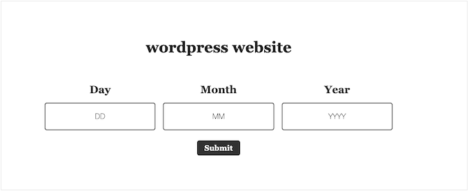 An example of an age verification page in WordPress