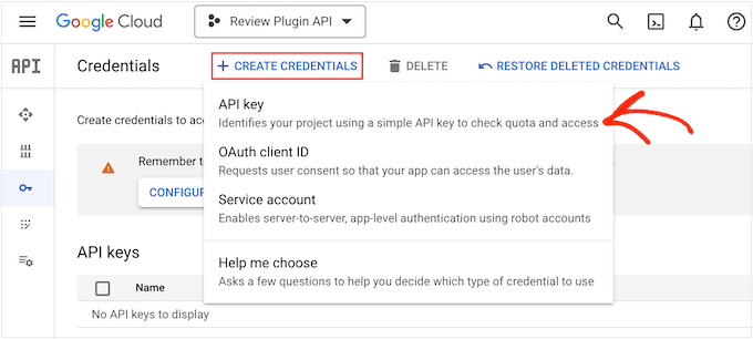 Creating an API key in the Google Cloud Console