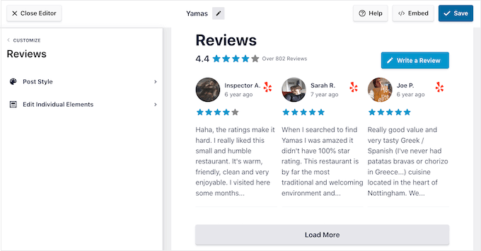 Customizing a Facebook, Yelp, or Google review feed