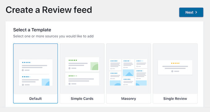 Choosing a template for the Facebook feed review