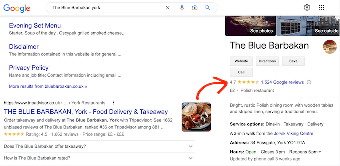 Google Reviews, in the Google search engine results