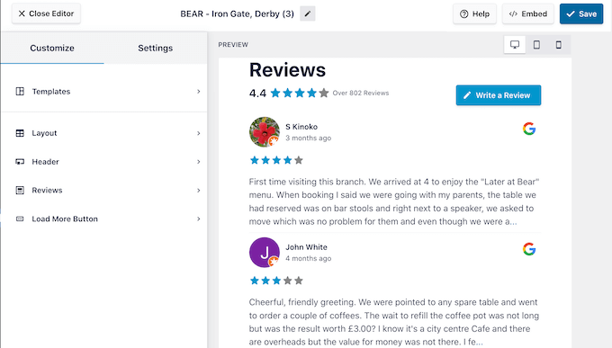 A Google review feed, created using Smash Balloon