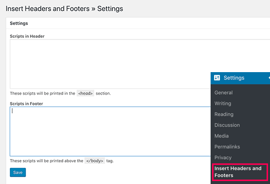 Insert Headers and Footers plugin settings