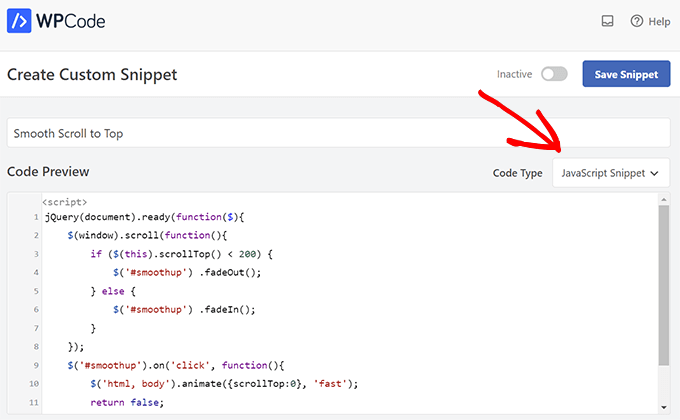 Enter a jQuery/JavaScript snippet into WPCode