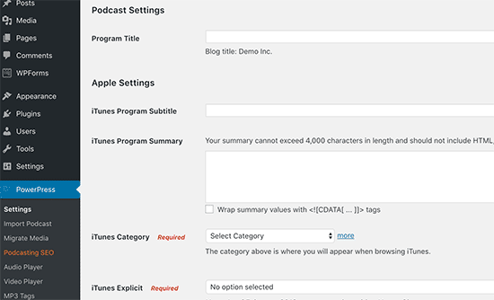 configuração do Podcast