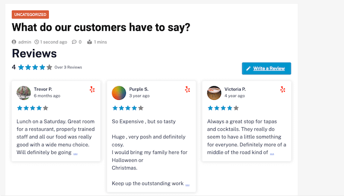 客户评论，显示在 WordPress 网站上