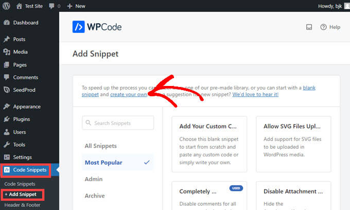 Create your own code snippet with WPCode