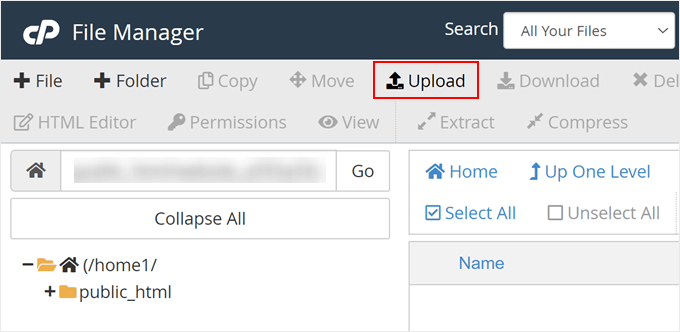 Clicking the Upload button in Bluehost file manager