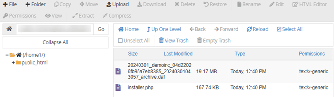 Duplicator files uploaded in Bluehost file manager
