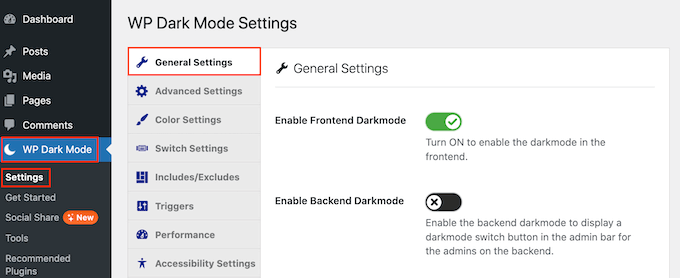 How to configure dark mode for the admin area