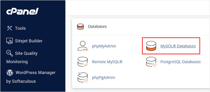 Selecting MySQL Databases menu in Bluehost cPanel