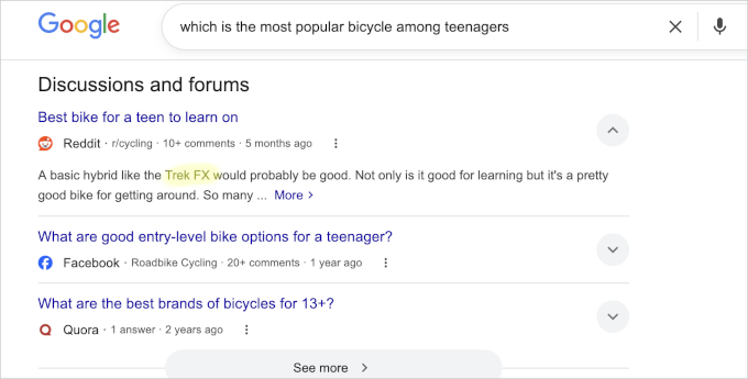 Search results with Social and forum mentions