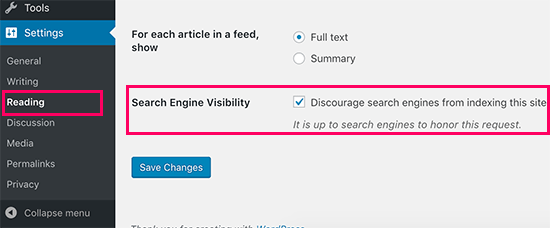 motor de Busca de configuração de visibilidade no WordPress