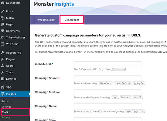 URL builder in MonsterInsights