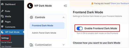 Enabling dark mode for the website's front end