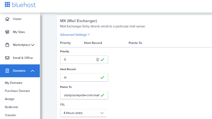 Add MX record in Bluehost