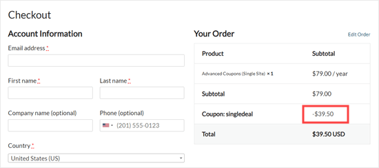 The Advanced Coupons discount has been automatically applied at the checkout