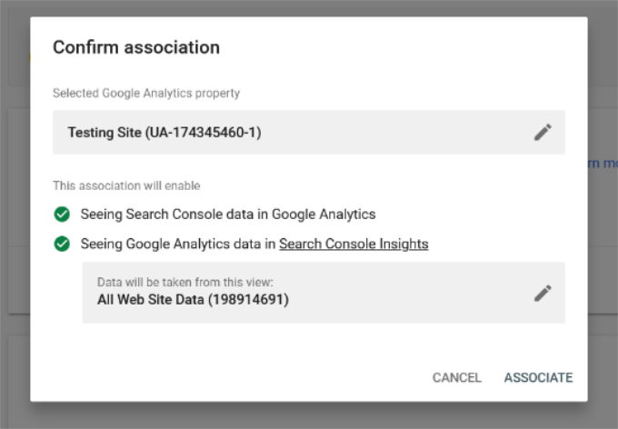 Confirm association between analytics and search console