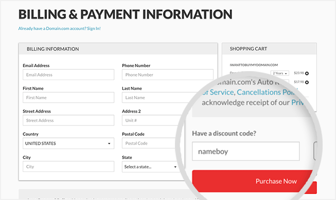 The Domain.com billing and payment page