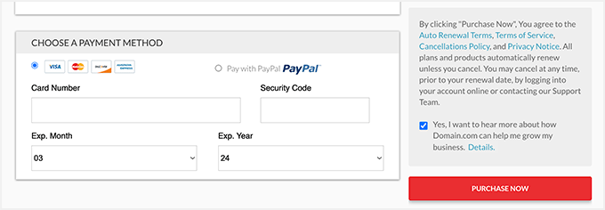 The payment methods for Domain.com on the checkout page