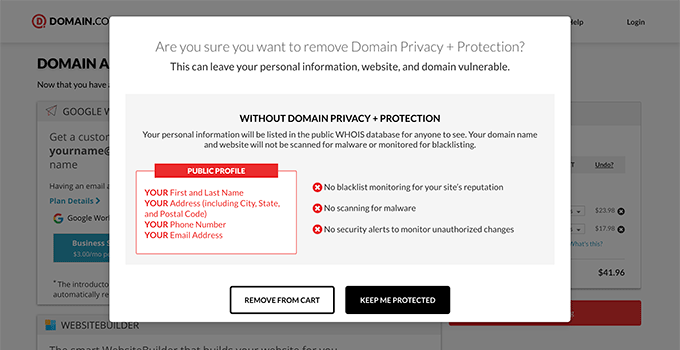 Warning from Domain.com about removing the domain privacy & protection