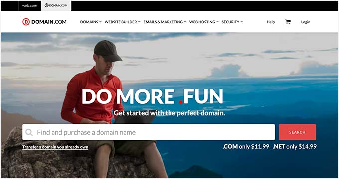 The Domain.com website with search bar