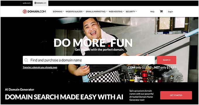 The Domain.com website with search bar