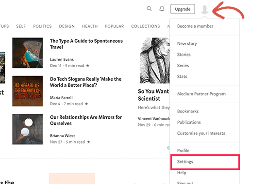 Go to Medium settings page