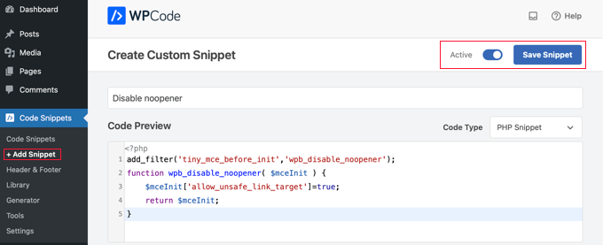 Adding a Code Snippet Using WPCode