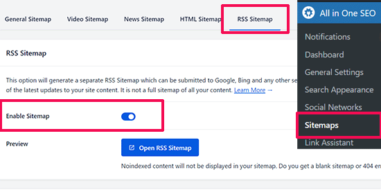 RSS sitemap in All in One SEO for WordPress