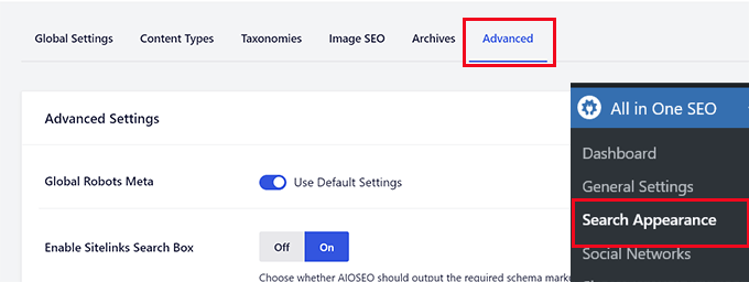Advanced Search Appearance section in AIOSEO