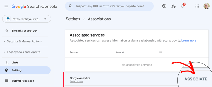 In Google Search Console, Click on Associate