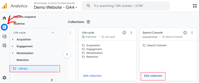 Opening the Reports Library in Google Analytics