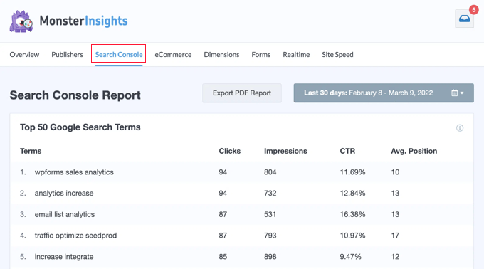 Viewing Google Search Console Report in MonsterInsights