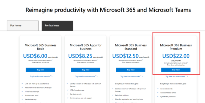 选择 Microsoft 365 商业高级帐户