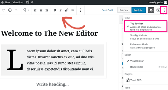 Move the block toolbar to the top of the editor
