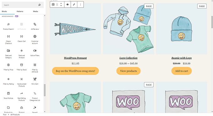 WooCommerce blocks in block editor