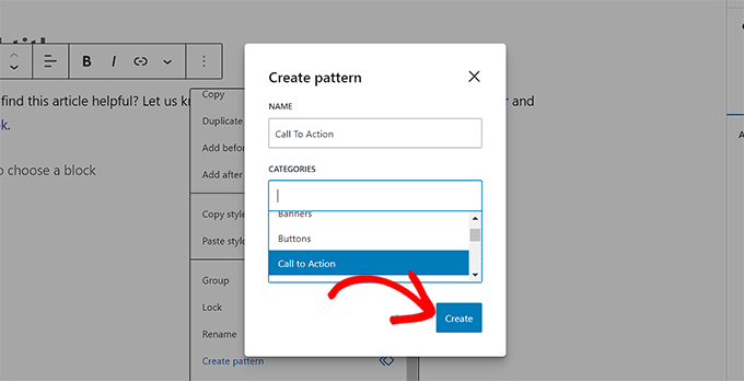 Add a pattern name and click Create