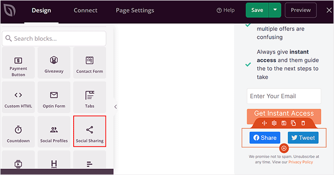 Add the social sharing block to the landing page