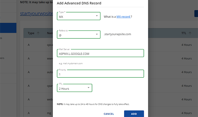 Adicionando o valor do registro MX