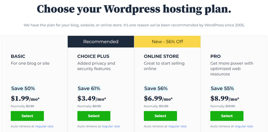 Choose Bluehost plan