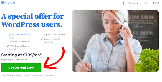 Clicking the Get Started button in the Bluehost website