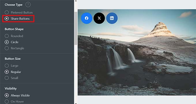 Choose social share buttons or Pinterest button to display on top of images