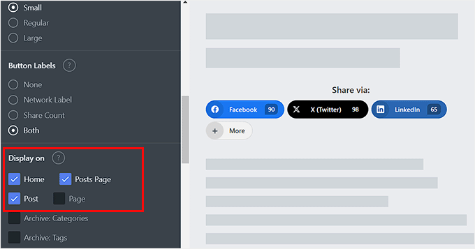 Choose where you want to display your social sharing buttons