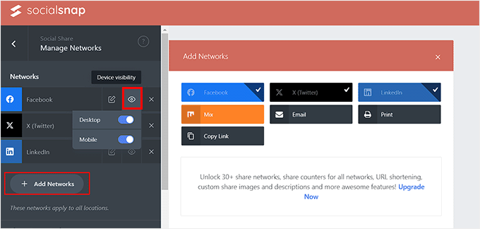Click the Add Network button to choose social media platforms for social sharing buttons