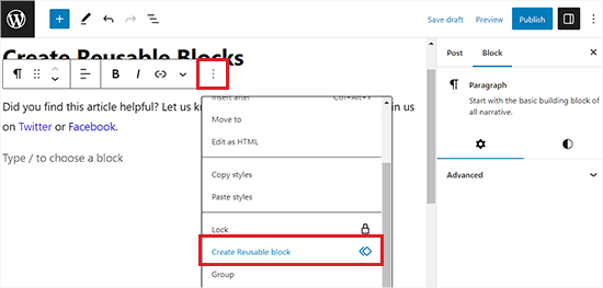 Click the Create Reusable Block icon