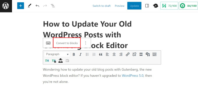 Convert classic post to blocks