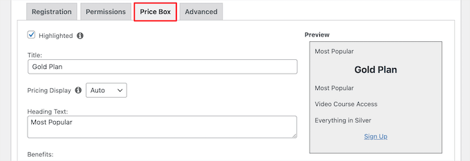 Customize price box for plan