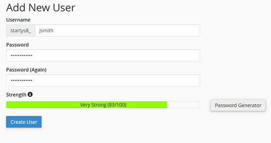 Create database username and password