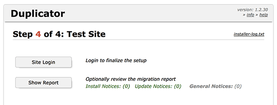 Duplicator website migration finished